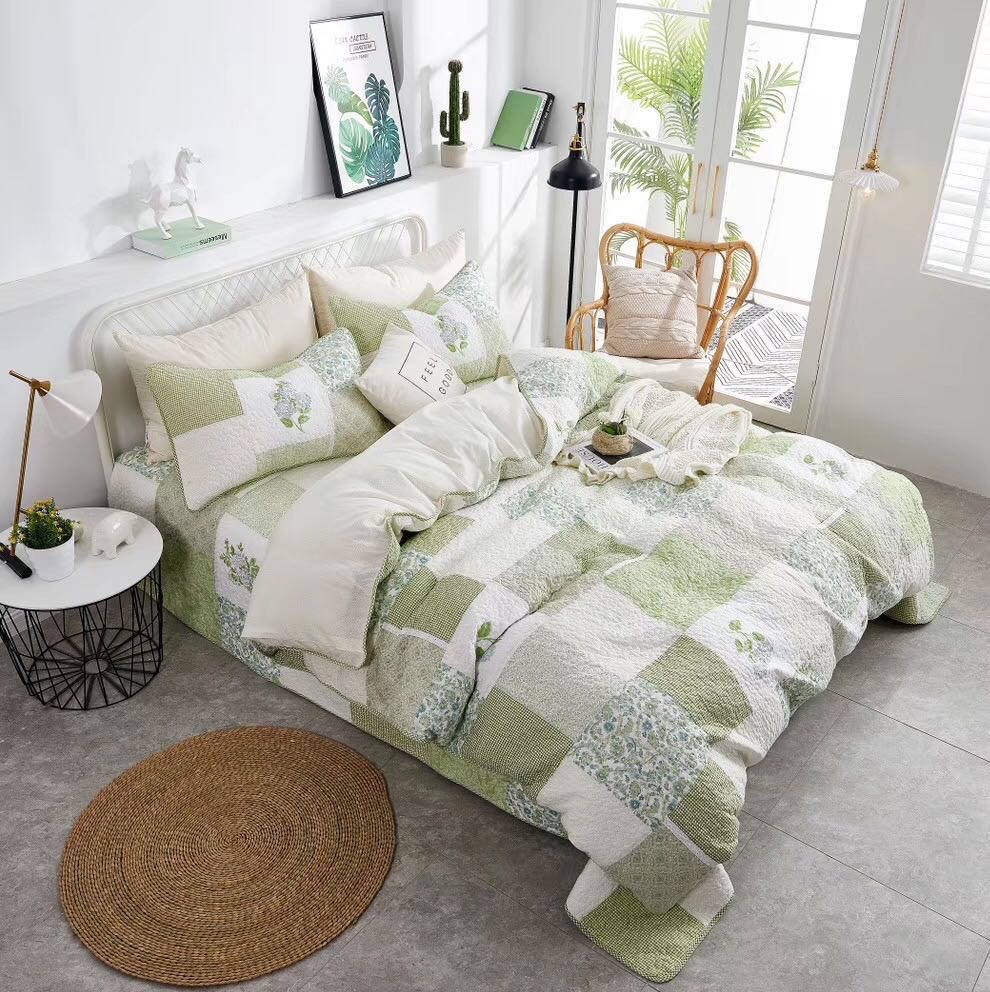 华丝家居 拼布蕾丝纯棉绗缝被被套三件套夹棉加厚