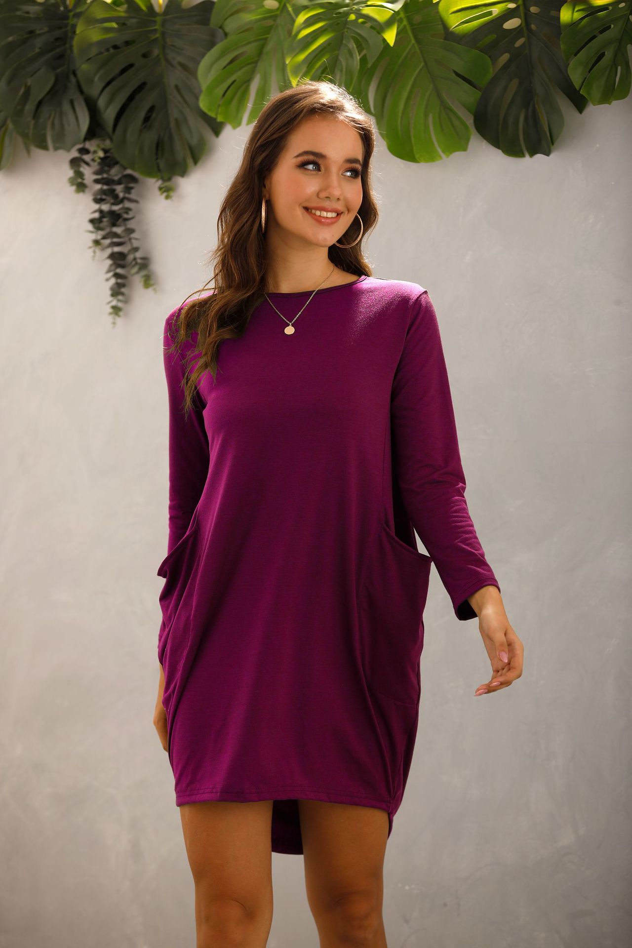 跨境女装速卖通亚马逊爆款秋冬宽松口袋长袖欧美连衣裙