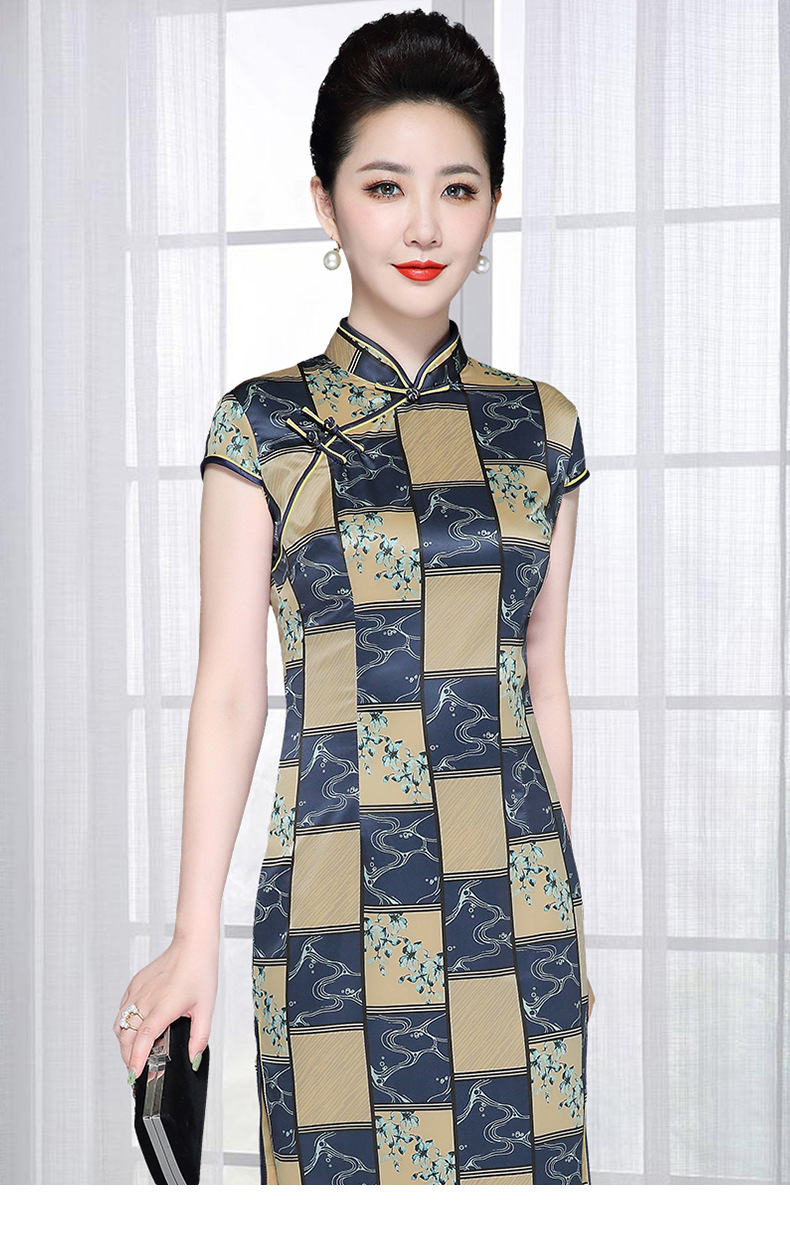 20535-2020夏装新品大码女装仿真丝中长气质改良旗袍连衣裙旗袍 