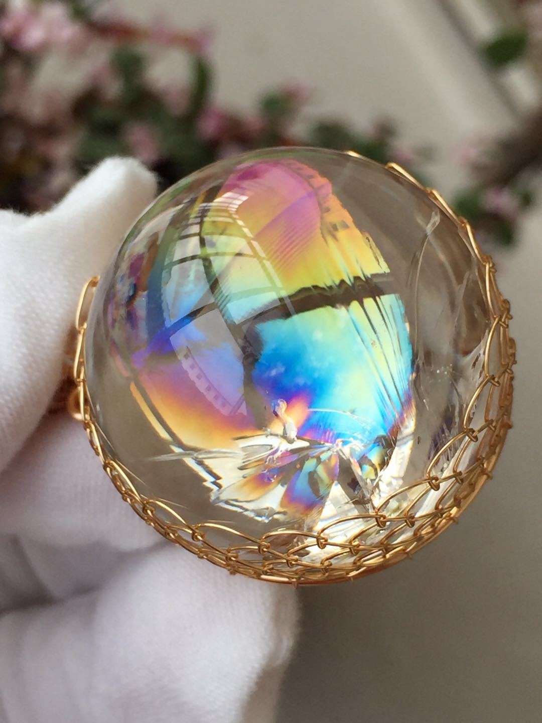 天然七彩白水晶彩虹球吊坠 球高频能量镶嵌