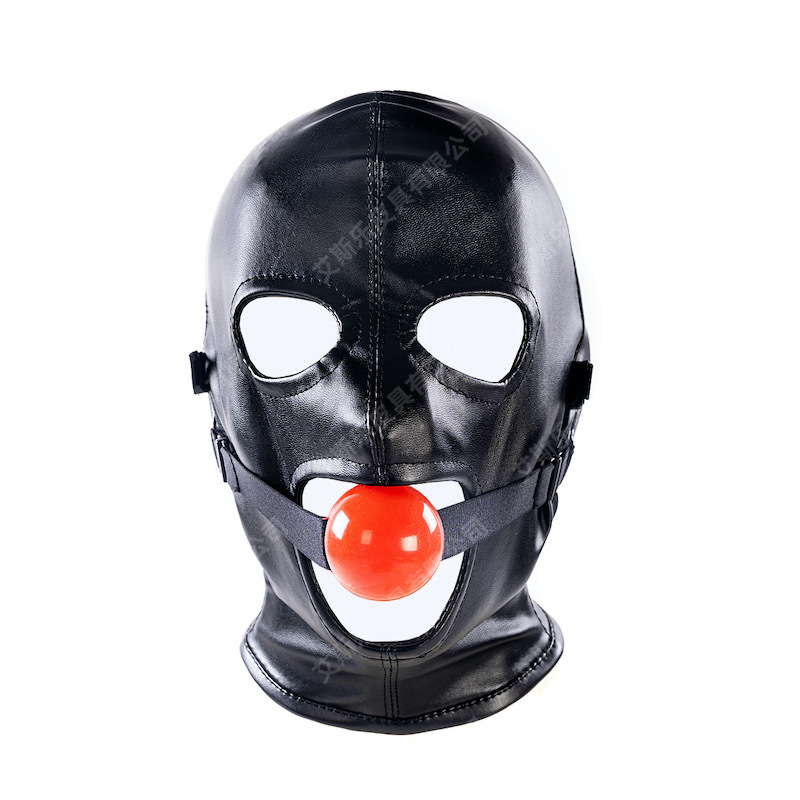 艾斯乐情趣黑色可拆卸眼罩口球系带全包头套面具皮革面罩束缚品