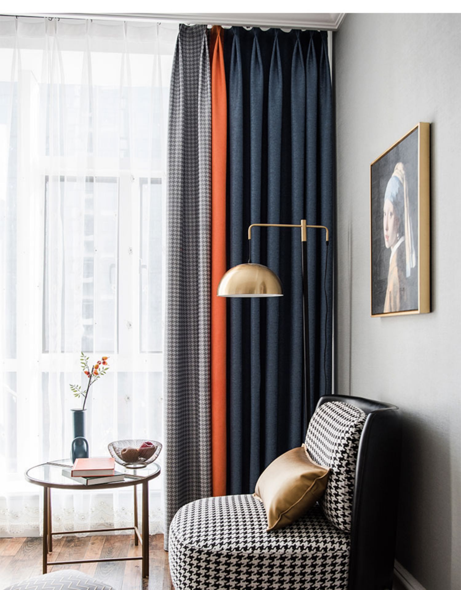 2020年新款遮光千鸟格飘窗窗帘拼接布料卧室北欧简约现代客厅隔热