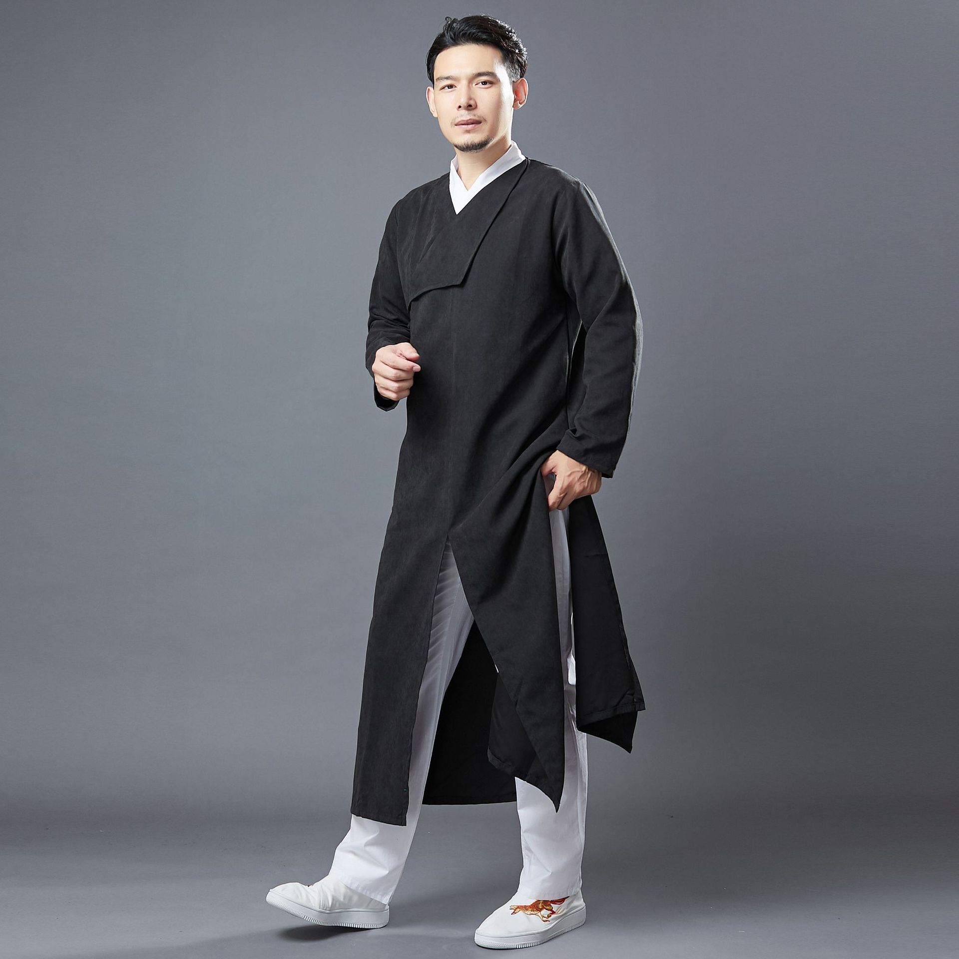 麻凡布衣中式改良长衫复古盘扣汉服男中国风纯色长袍茶服禅意