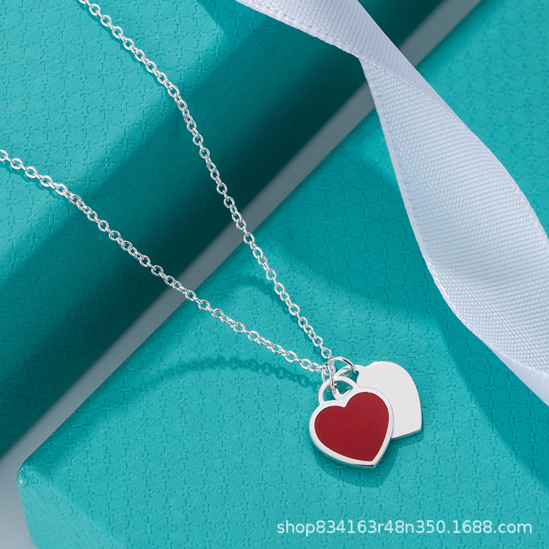 t家爱心项链s925纯银珐琅蓝心形粉心红色爱心项链吊坠女一件代发