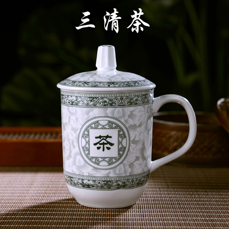 Jingdezhen Ceramic Cup Household Water Cup Mug with Lid Tea Brewing Cup Creative Office Cup Conference Cup Hotel