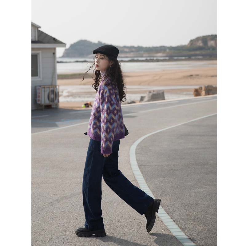 古着vintage时尚毛衣套头撞色菱格纹针织衫女秋冬可外穿2020新款