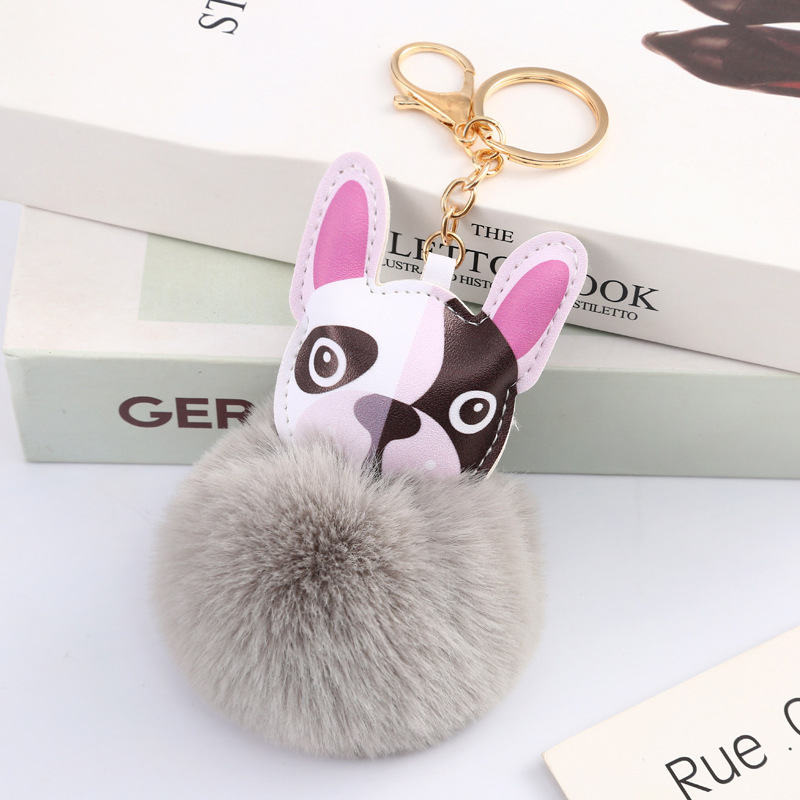 New Cute Puppy Fur Ball Keychain Bag Ornaments PU Leather Bulldog Keychain Pendant Factory Outlet