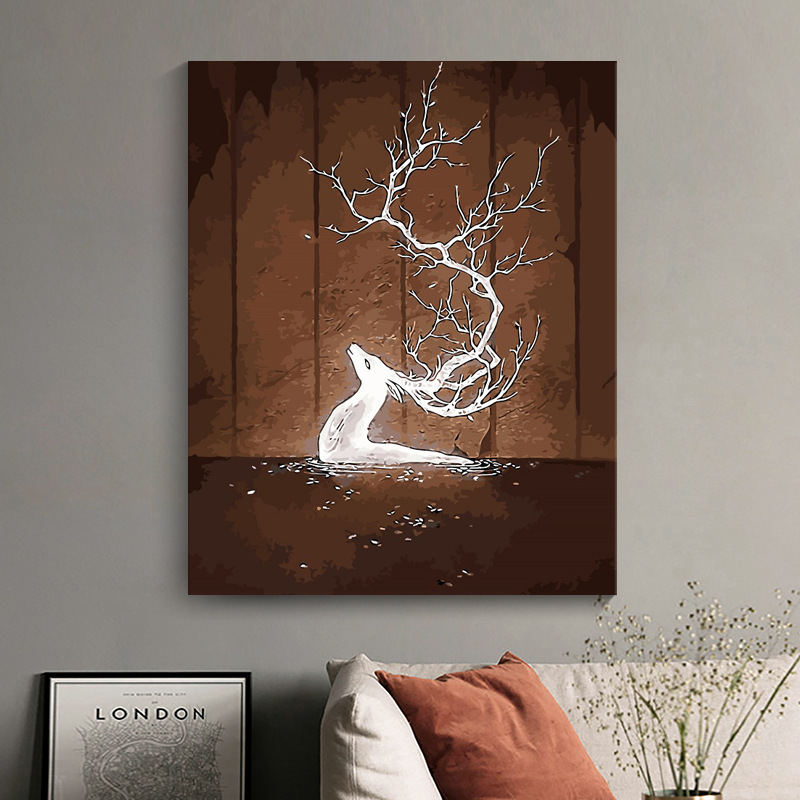 数字油画diy手绘油彩画填色动物定制跨境无框6135 银光冰鹿40*50