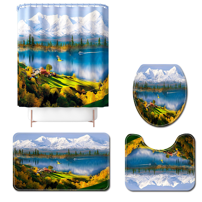 Snow Mountain Reflection Printing Toilet Floor Mat Shower Curtain Four-Piece Set Toilet Seat Cover Bathroom Non-Slip Mat Set Foreign Trade Hot Sale