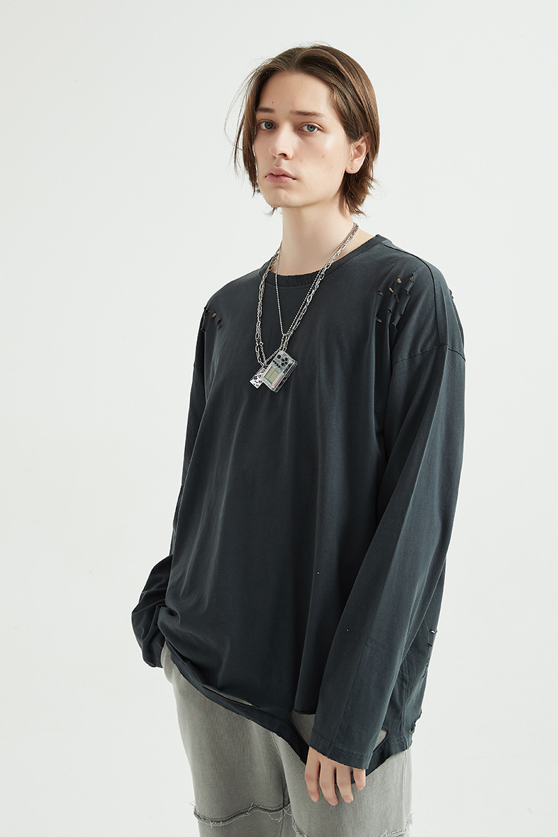 春秋新款欧美高街暗黑oversize宽松侃爷同款洗水割烂男长袖士t恤