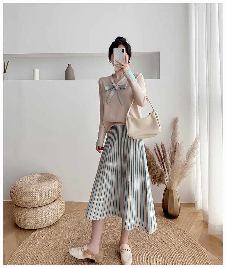 时尚小香风毛衣套装女2020秋冬新款过膝大摆两件套洋气针织裙装