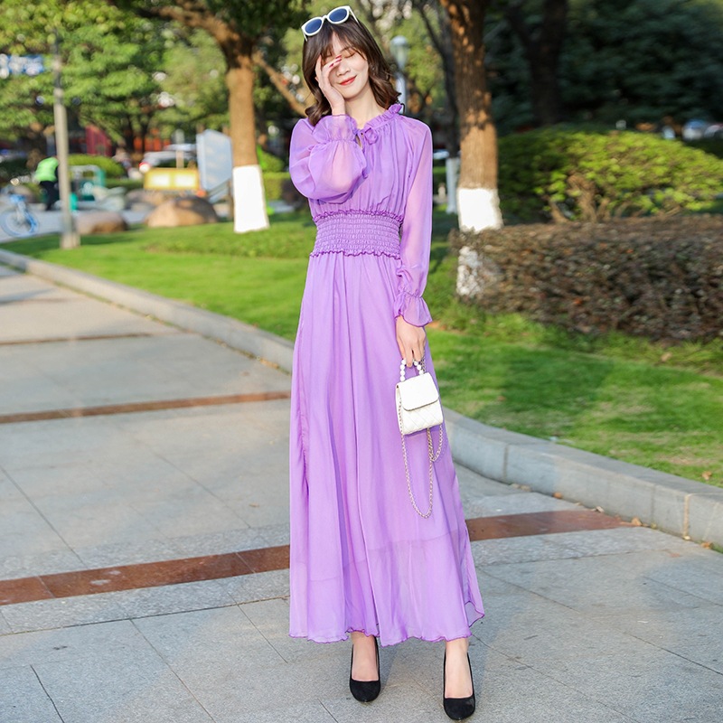 紫色裙子连衣裙长裙腰脚踝收腰显瘦女夏超松紧到雪纺波西米亚裙超