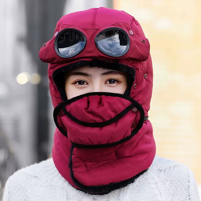 男女冬季口罩加眼镜加围脖加帽子四合一帽子全人造毛里布加厚保暖