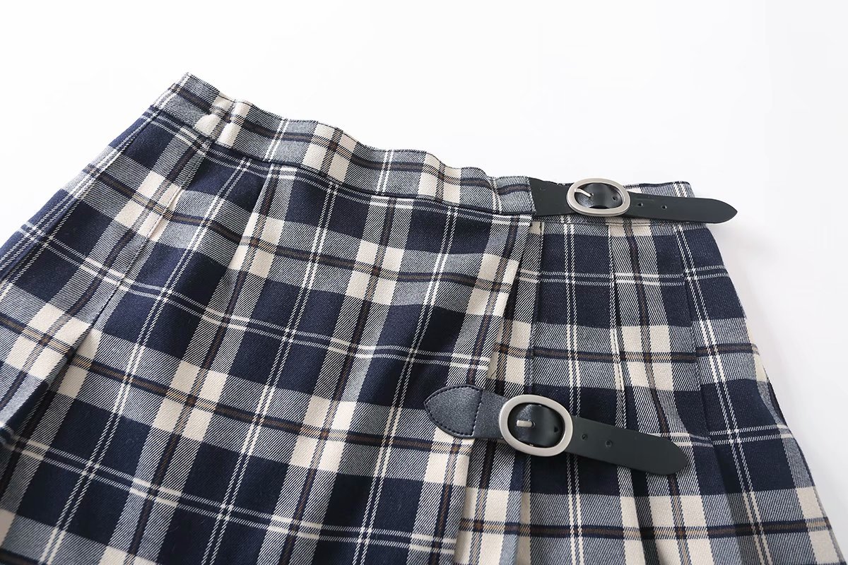 批发2020冬高腰复古学院风格皮带扣可调节百褶裙半身裙e1-39152