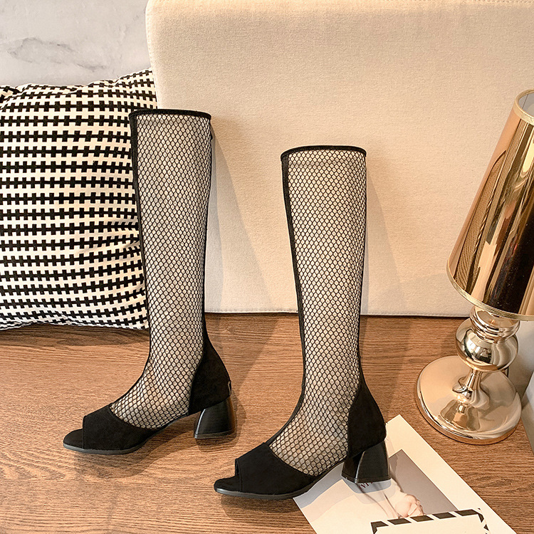 鱼嘴凉靴网纱粗跟黑色中跟凉鞋 2020夏季新款春秋渔网女鞋中跟鞋
