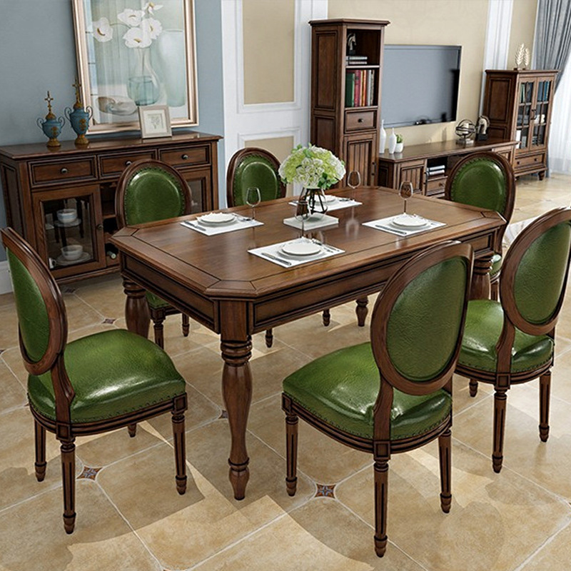 美式乡村实木八角客厅长方形家用4-6人组合复古做旧原木西餐桌椅