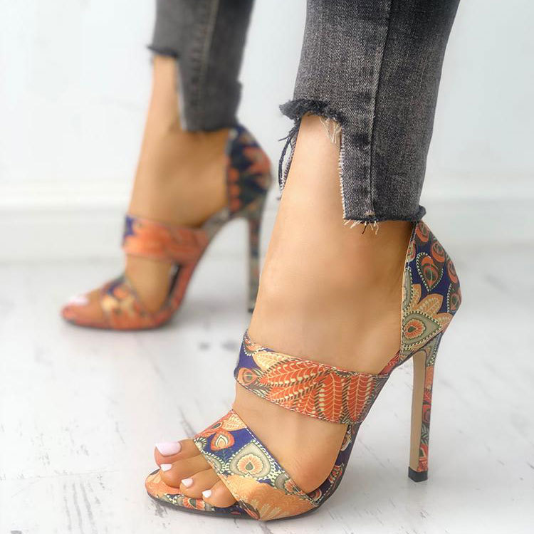 工厂夏季新款外贸高跟鞋欧美孔雀纹露趾凉拖细跟凉鞋大码40-43