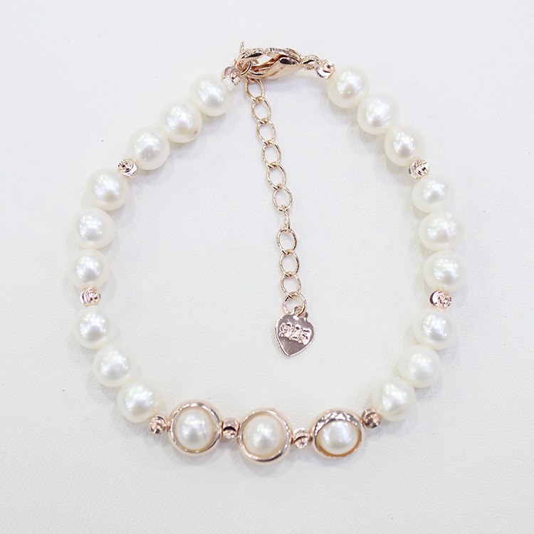 批发珍珠手链 淡水珍珠近圆6-7mm隔圈球 龙虾尾链扣 手饰三款颜色