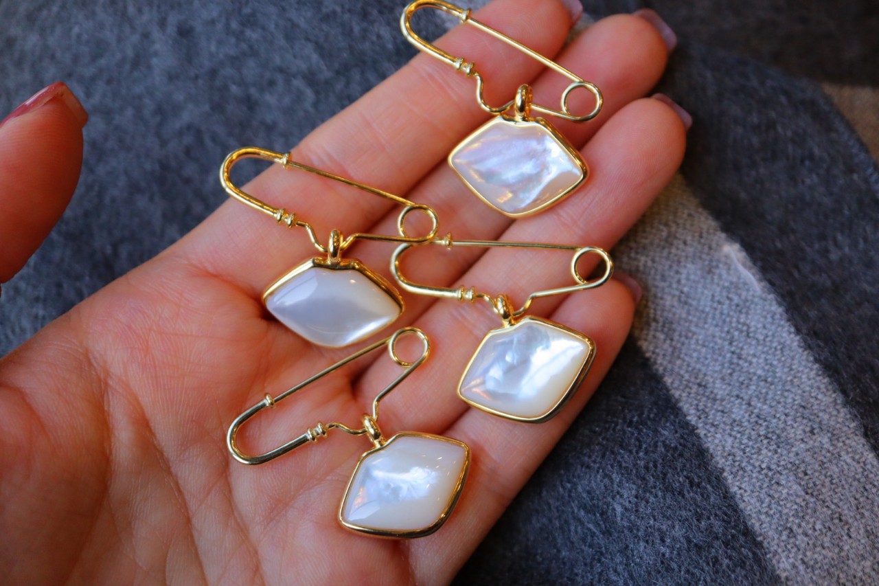 s925银925通体银天然白贝白贝母彩贝贝壳扣针吊坠两用胸针胸花