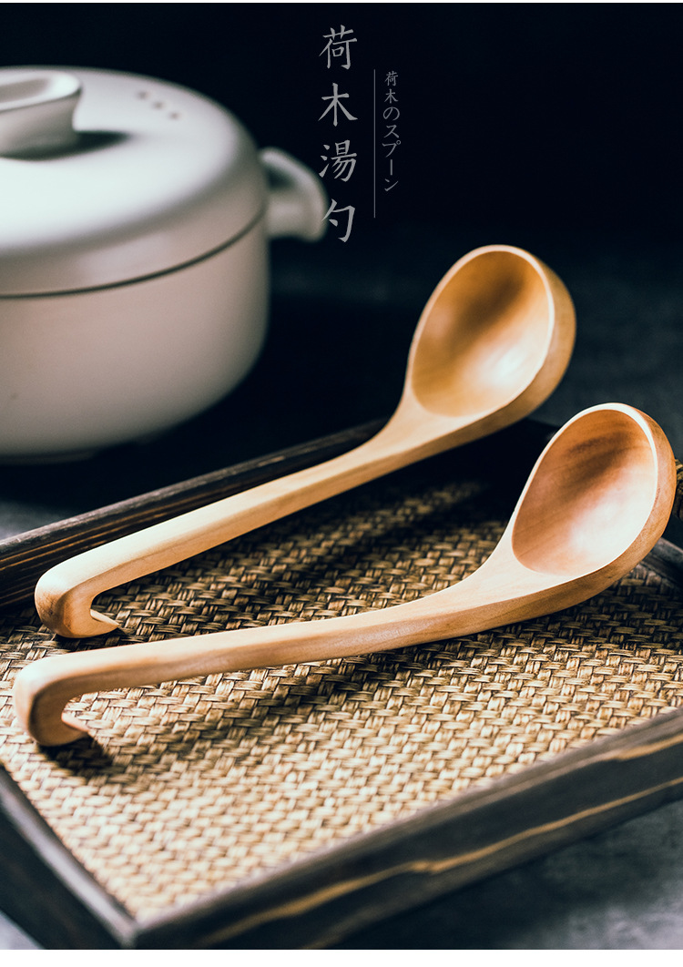 日式木制荷木大汤勺 家用厨房饭店长柄木勺木质勺子 盛汤熬粥粥勺
