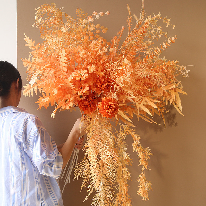 橘色系花材1 婚庆装饰仿真花 杨树叶散尾叶 苹果花 厂家现货供应