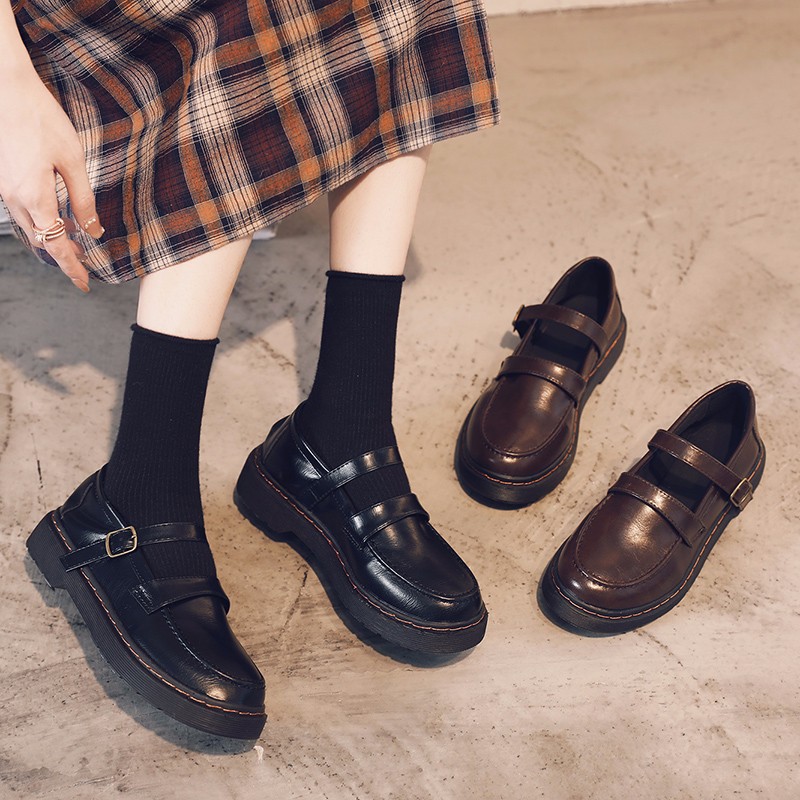 小皮鞋女2020秋季新款英伦风复古厚底增高黑色日系单鞋女学生