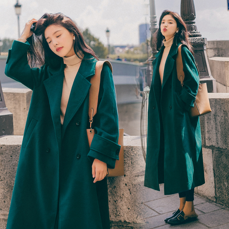 1824-特批100 现货 长款复古孔雀绿呢大衣 控价158块