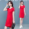 Mid length version V-neck Short sleeved T-shirt Dress lady Add fertilizer Large mm Easy Cover the belly Show thin leisure time skirt Mid length version V-neck Short sleeved T-shirt Dress lady Add fertilizer Large mm Easy Cover the belly Show thin leisure time skirt
