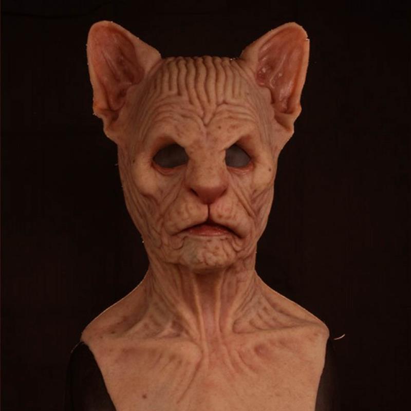 无毛猫面具头套万圣节恐怖猫妖人脸外星人道具化妆舞会动物面具