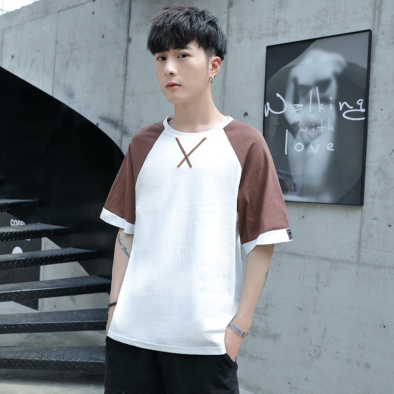 2020年夏季靓仔短袖日系宽松交叉车线两色拼接个性学生百搭短t恤