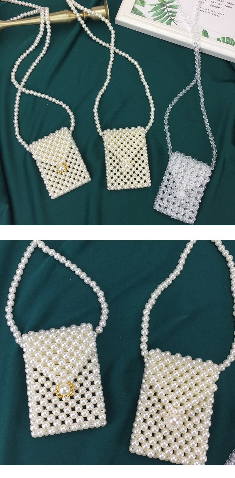 ins网红博主时尚珍珠透明水晶串珠人工编迷你卡包女式零钱斜挎包