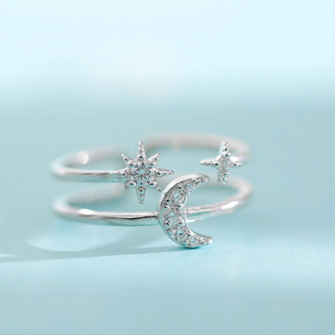 韩版闪钻星芒月亮双层开口戒指简约甜美清新学生闺蜜女指环批发