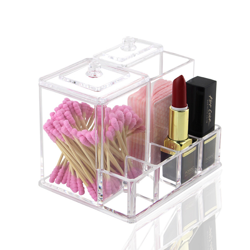 Acrylic Clear with Cover Dustproof Cotton Swab Lipstick Display Organizer Cotton Puff Makeup Brush Desktop Organizing Box