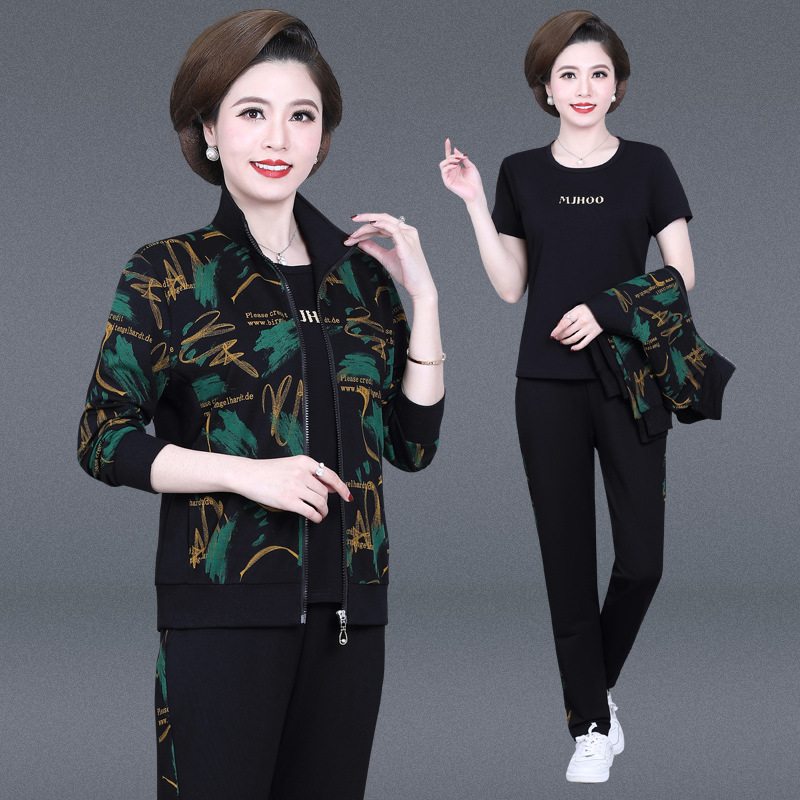 中老年女装秋春季新款洋气妈妈装三件套运动套装开衫休闲女运动服