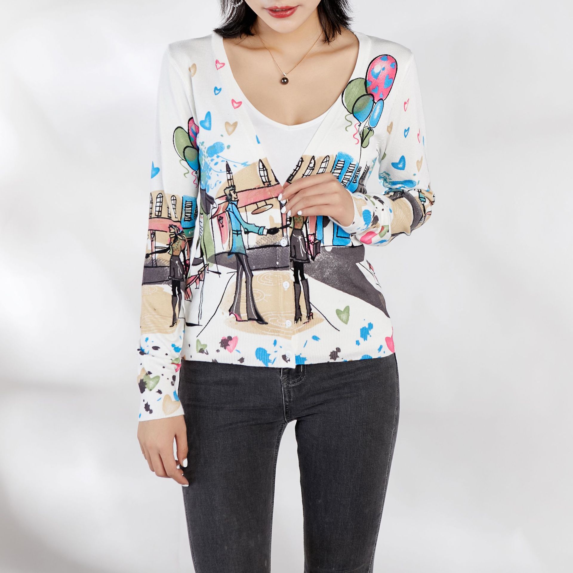 时尚女装v领针织开衫休闲长袖女款开胸上衣