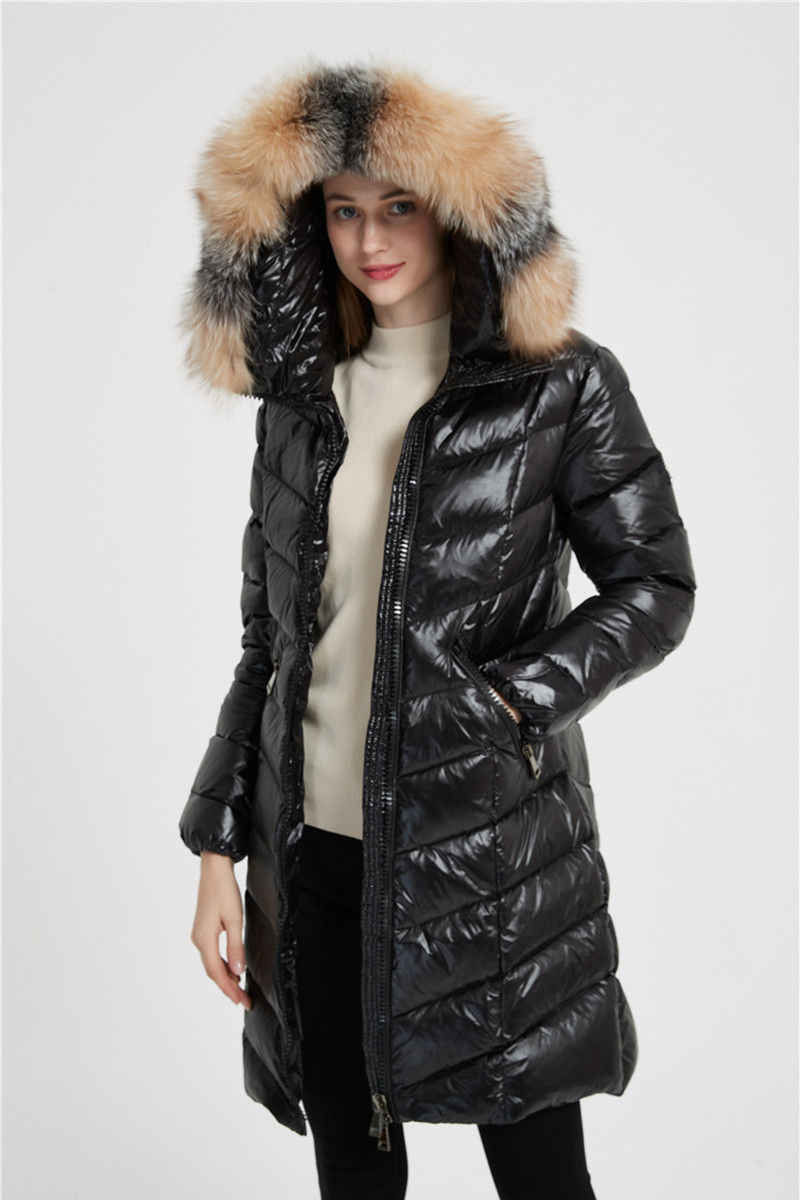 大狐狸毛领羽绒服女中长款冬装新款黑色亮面收腰修身显瘦外套