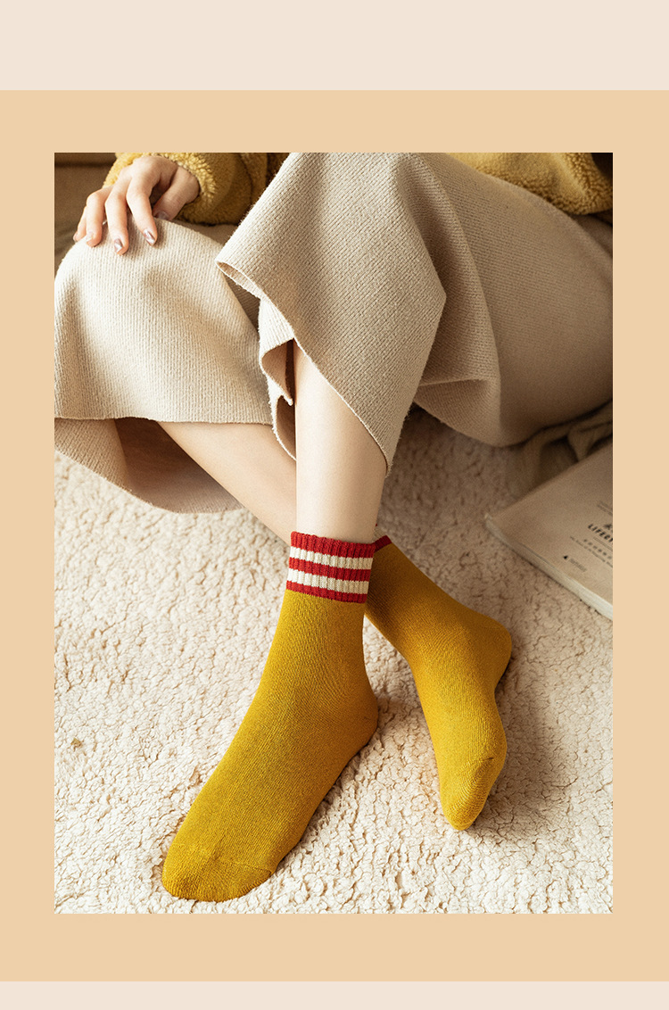包邮-加厚袜子秋冬中筒款两杠雪地袜长筒加绒女士日系加热毛圈袜