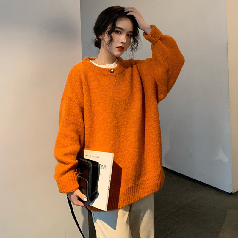 橘色毛衣女秋冬外穿2020新款韩版宽松套头慵懒风加厚实毛线针织衫