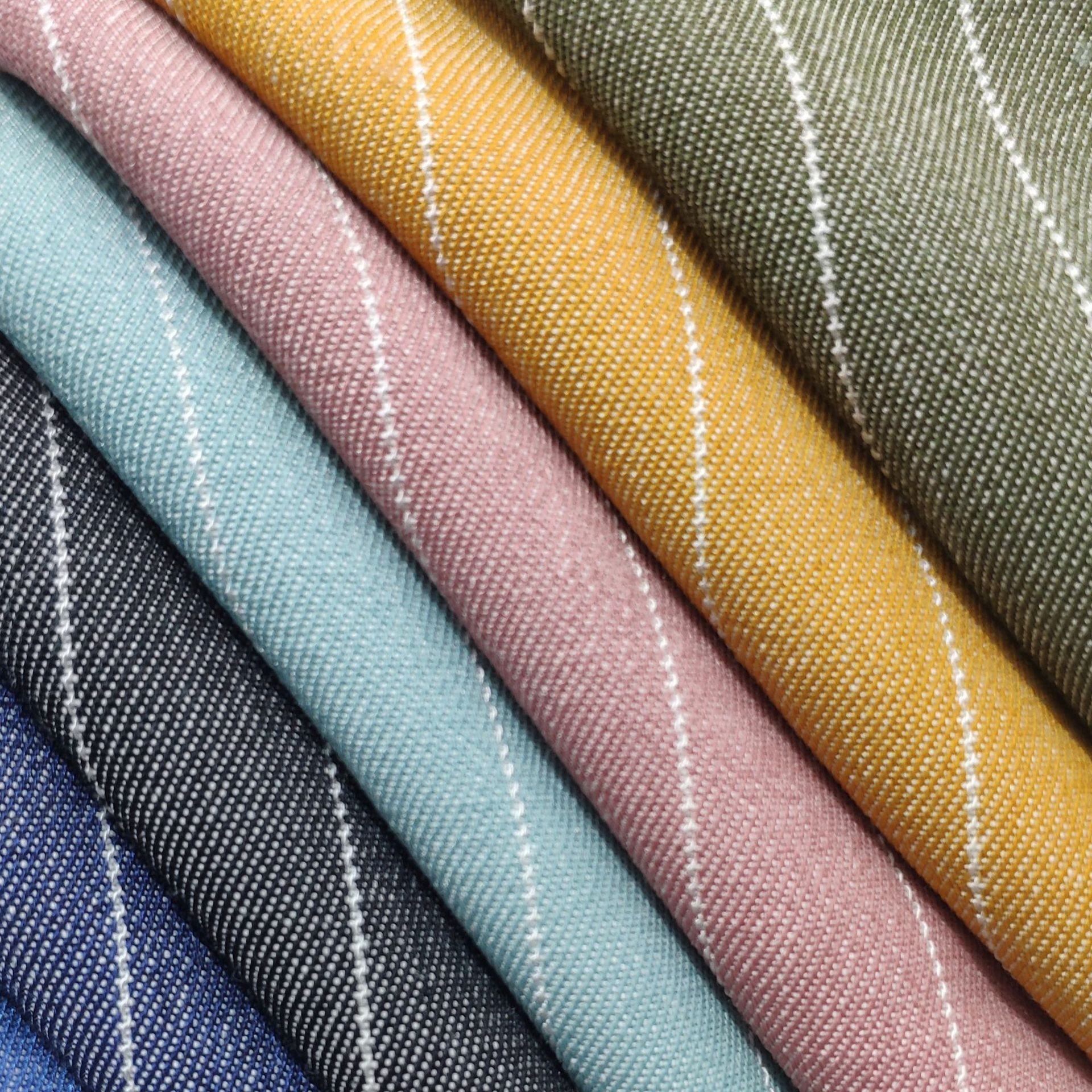 人棉牛仔面料 人棉不掉色彩色间条 夏季衬衫童装面料 218101条子