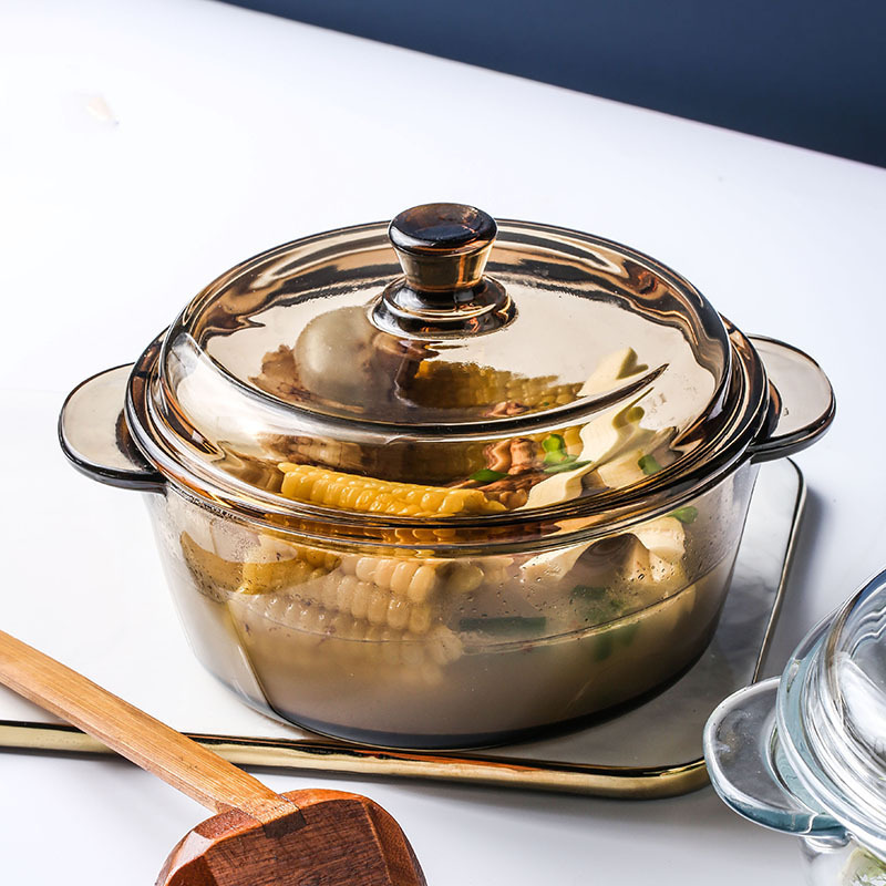 茶色玻璃汤煲带盖钢化玻璃汤锅耐高温家用可微波炉耐热玻璃泡面碗