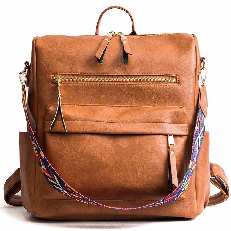 Factory Wholesale Vintage Pu Soft Leather Backpack Large Capacity College Style Travel Leisure High School Student Fashion Women's Bag