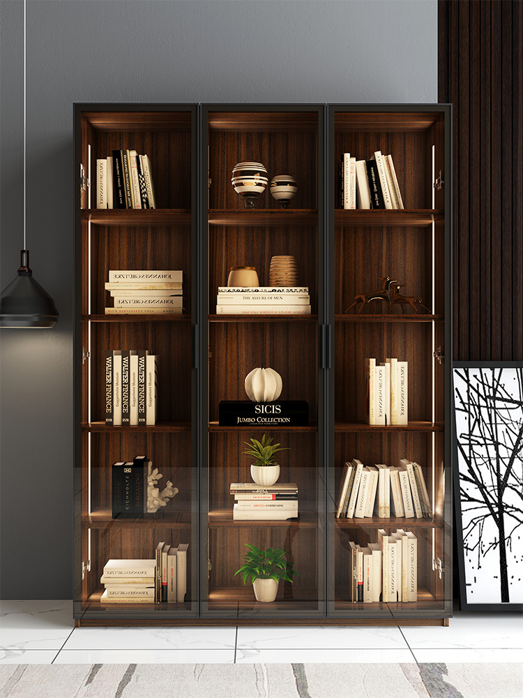 北欧带玻璃门书柜落地简约现代满墙带门书房办公室带门客厅墙轻奢