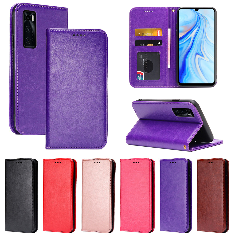 适用vivo皮套x60 pro 国外版/x60 5g曲屏版疯马纹强磁商务插卡壳