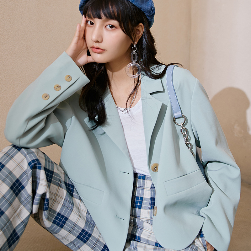 s9169秋季新款时尚宽松小西装一件代发 薄荷绿休闲气质上衣外套女