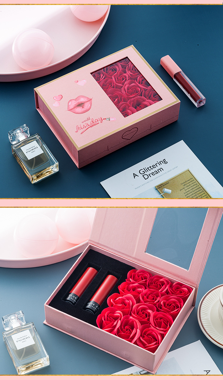 新款口红礼品盒情人节七夕礼物盒精美玫瑰花礼盒翻盖口红包装盒