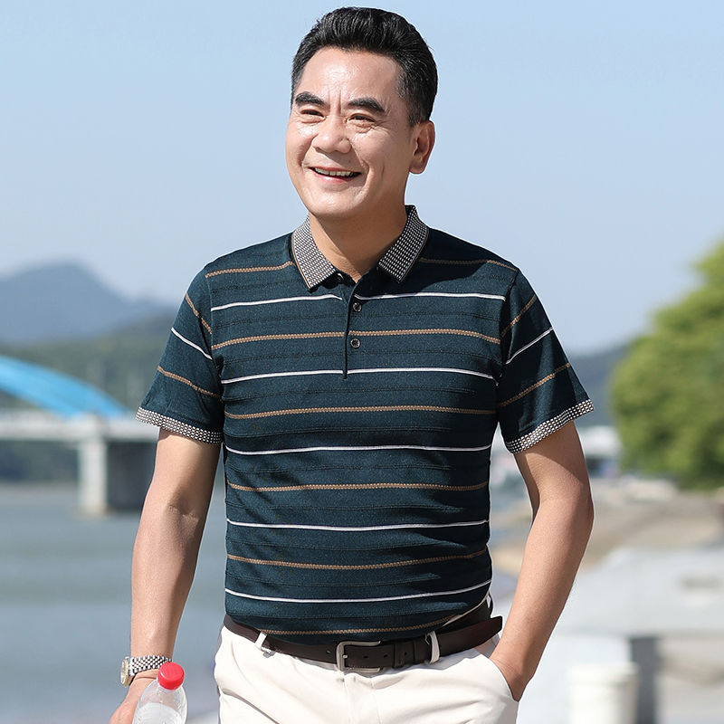 夏季中年男短袖t恤冰丝休闲宽松爸爸装条纹半袖体恤polo衫40-50岁