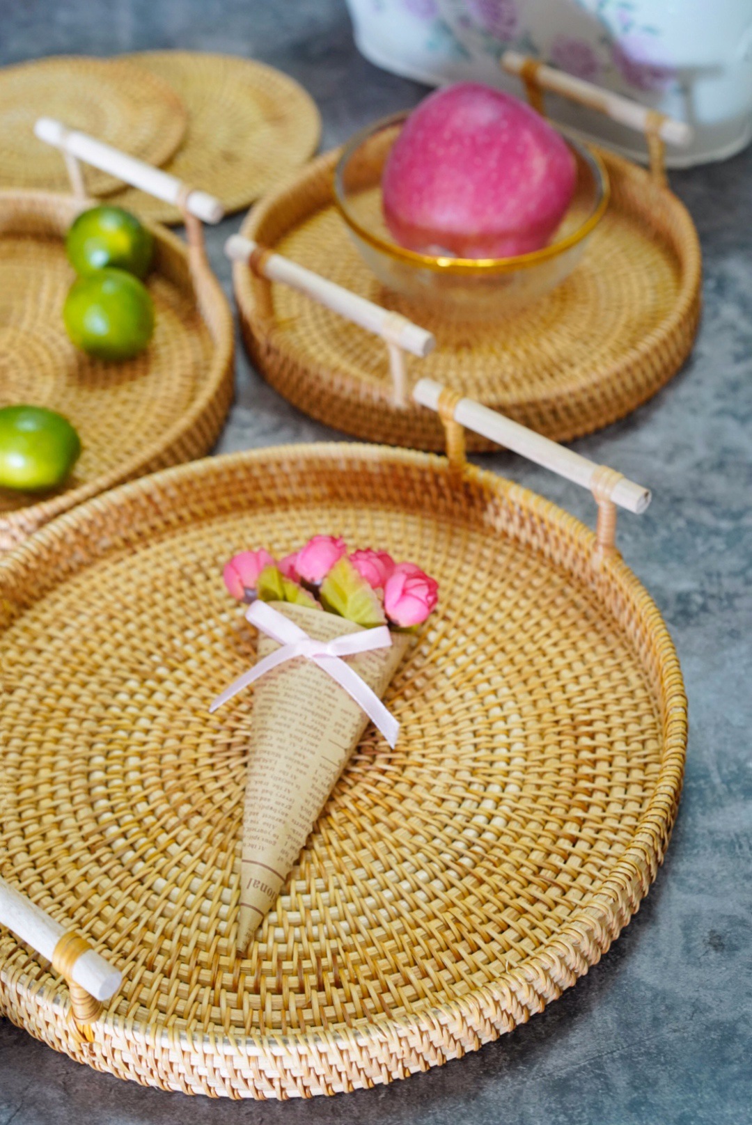 越南藤编 托盘篮子 手工圆形托盘 双耳竹编水果盘编织筐