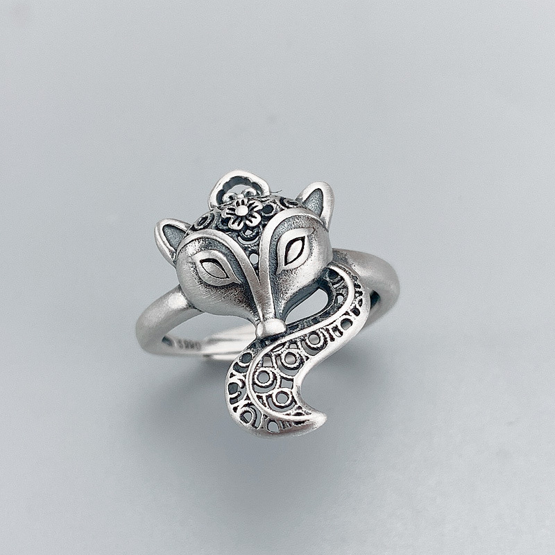 足银复古镂空狐狸戒指开口哑光泰银指环女款古典招桃花纯银饰品