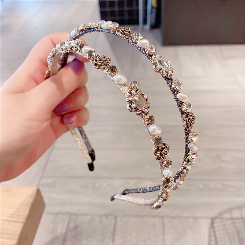 网红同款日韩国珍珠镶花朵金属细头箍水钻发卡简约甜美女气质发箍