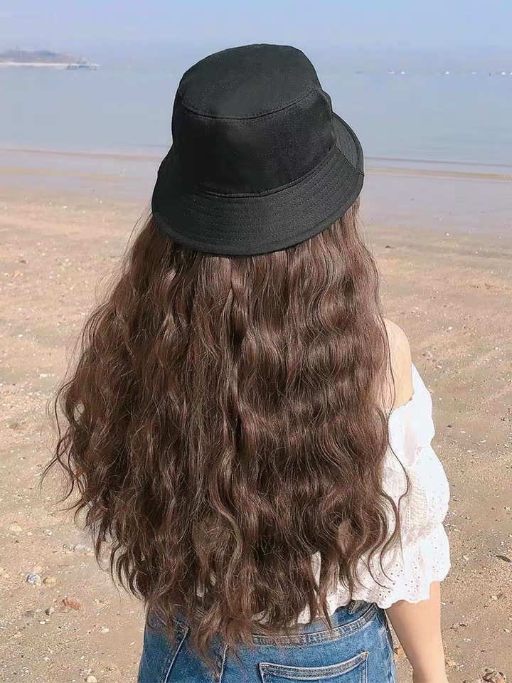 网红假发帽子可拆卸女长卷发大波浪渔夫帽羊毛卷韩版